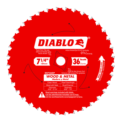 Diablo D0736GPA 7-1/4" x 36-Teeth Carbide Saw Blade for Wood and Metal - Image 1