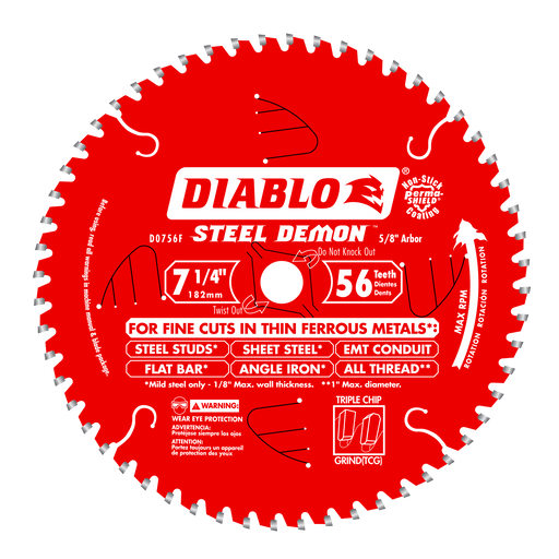 Diablo D0756F 7-1/4" x 56-Teeth Steel Demon Carbide Saw Blade for Thin Metal - Image 1
