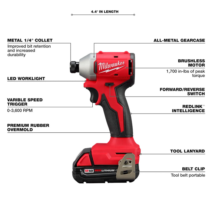 Milwaukee 3650-22CT M18 Compact Brushless 1/4" Hex Impact Driver Kit - Image 3