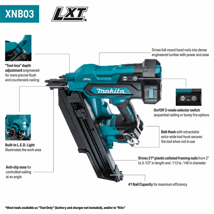 Makita XNB03Z 18V LXT Lithium-Ion Cordless 21&deg; Full Round Head 3-1/2" Framing Nailer (Tool Only) - Image 2