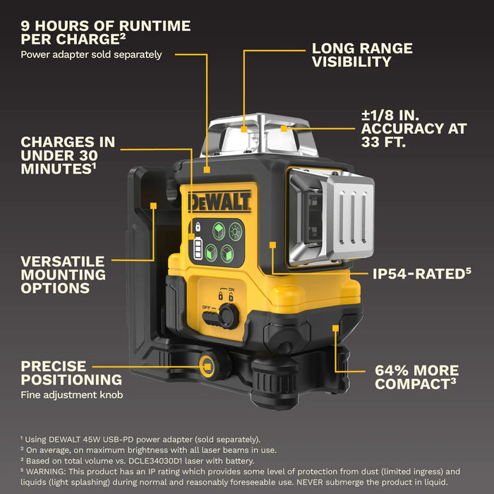 DeWalt DCLE14361GB USB-C Rechargeable 3x360 Degree Green Line Laser - Image 5