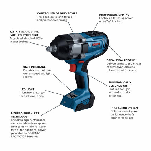 Bosch GDS18V-740N PROFACTOR 18V 1/2" Impact Wrench with Friction Ring (Tool Only) - Image 2