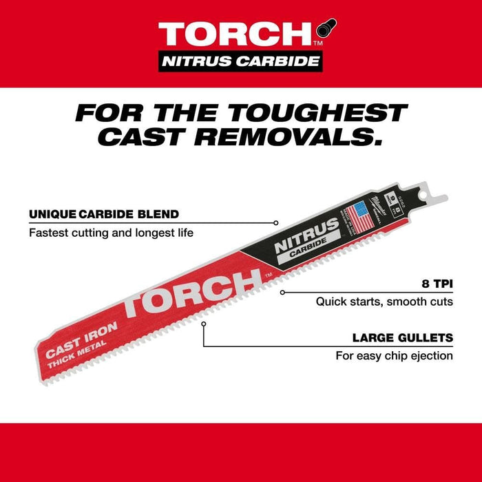 Milwaukee 48-00-5262 THE TORCH 9" x 8 TPI NITRUS Carbide Sawzall Blades - Image 2