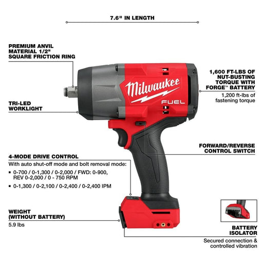Milwaukee 2967-20 M18 Fuel 1/2" High Torque Impact Wrench (Tool Only) - Image 2