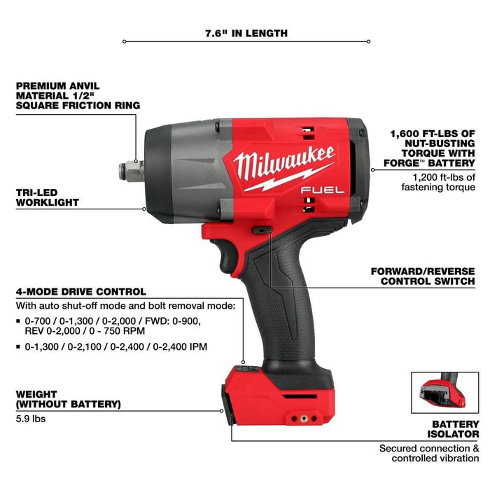 Milwaukee 2967-20 M18 Fuel 1/2" High Torque Impact Wrench (Tool Only) - Image 2