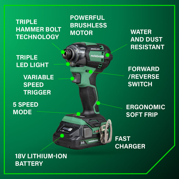 Metabo HPT WH18DCM 18V MultiVolt Triple Hammer BOLT Impact Driver Kit - Image 5
