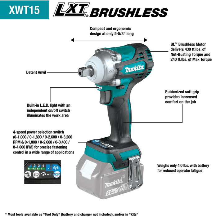 Makita XWT15Z 18V LXT Brushless Cordless 1/2" Square Drive Impact Wrench w/ Detent Anvil (Tool Only) - Image 6