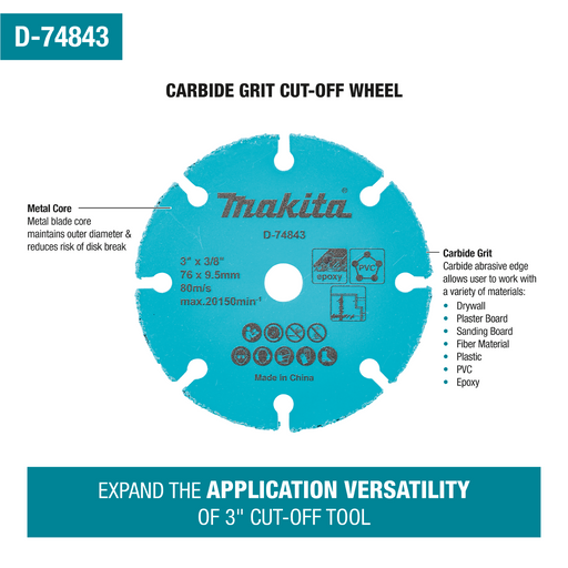 Makita D-74843 3" Carbide Grit Abrasive Multi-Material Cut-Off Wheel - Image 2