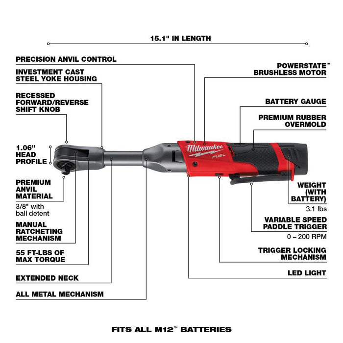 Milwaukee 2560-21 M12 Fuel 3/8" Extended Reach Ratchet Kit - Image 3