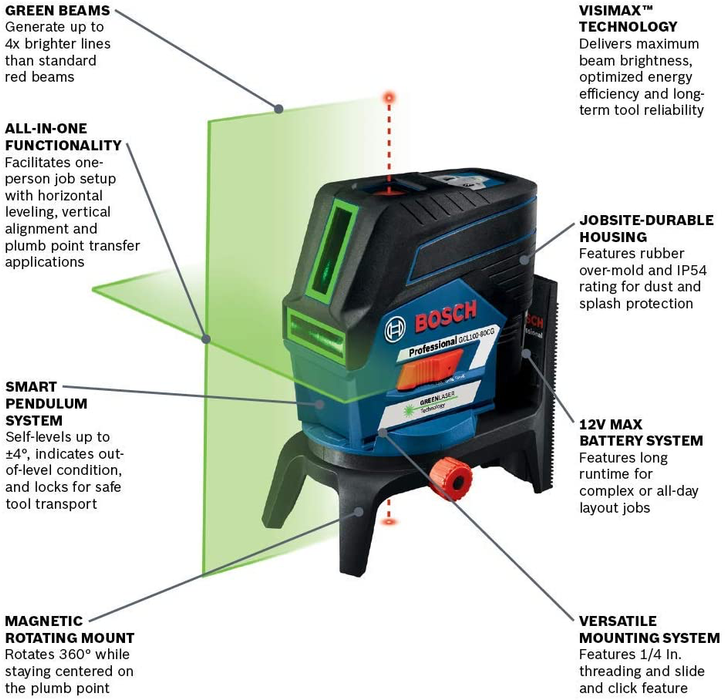 Bosch GCL100-80CG 12V Max Connected Green-Beam Cross-Line Laser with Plumb Points - Image 4